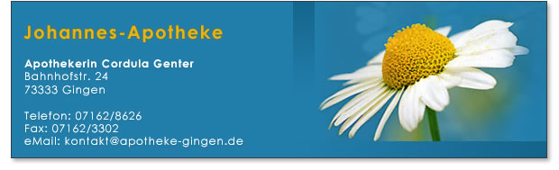 Die Johannes-Apotheke, Gingen stellt sich vor. Informationen, Tipps und Anregungen rund um die Gesundheit, Medikamente, Notdienst, Impfungen, Reiseapotheke, Allergien, Kosmetik, Wellness, Blutdruck, Ernhrung, Diabetes, ...